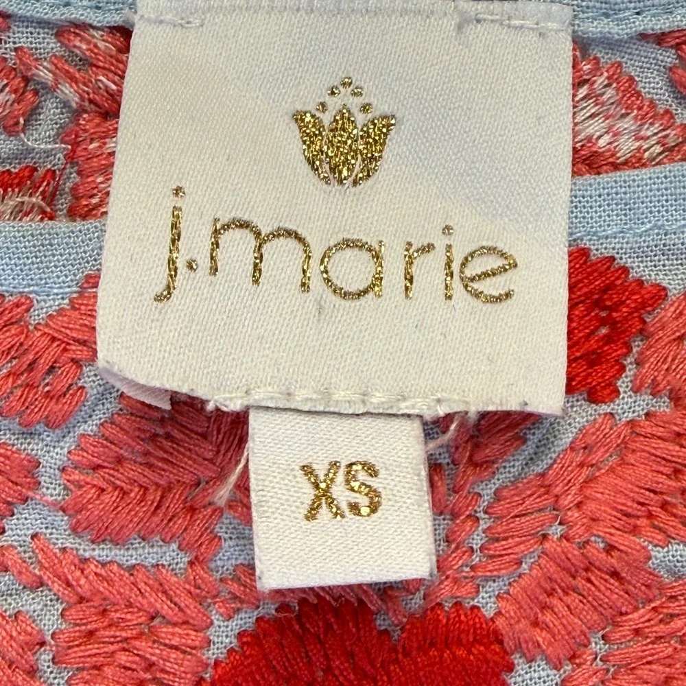 j.marie XS Light‎ Blue Red Floral Embroidered Sleeveless Shift Dress Pocket
